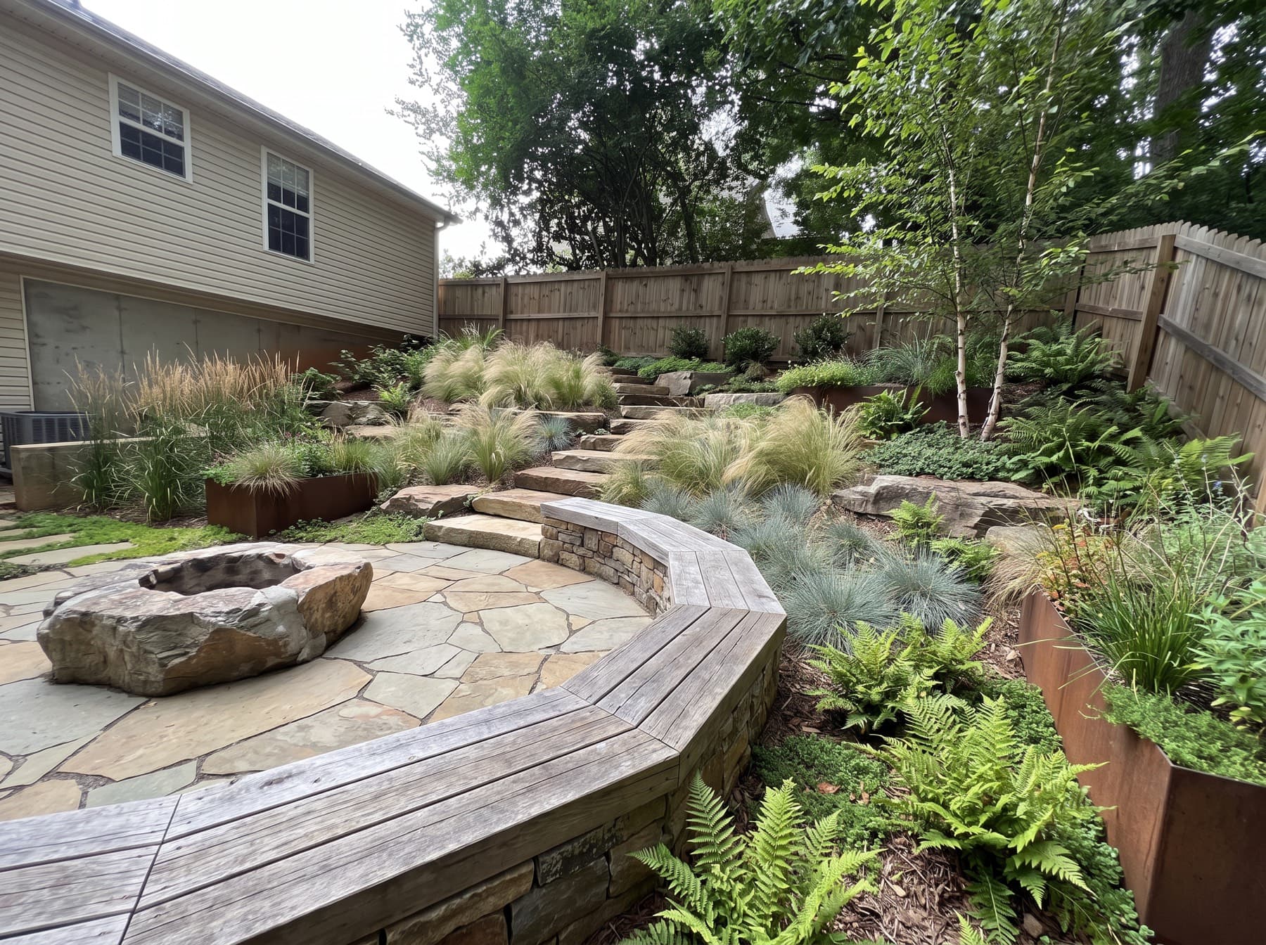 A sunken flagstone fire pit area with a curved timber bench, dry-stone retaining walls, corten planters, birches and grasses climbing the slope to the fence.