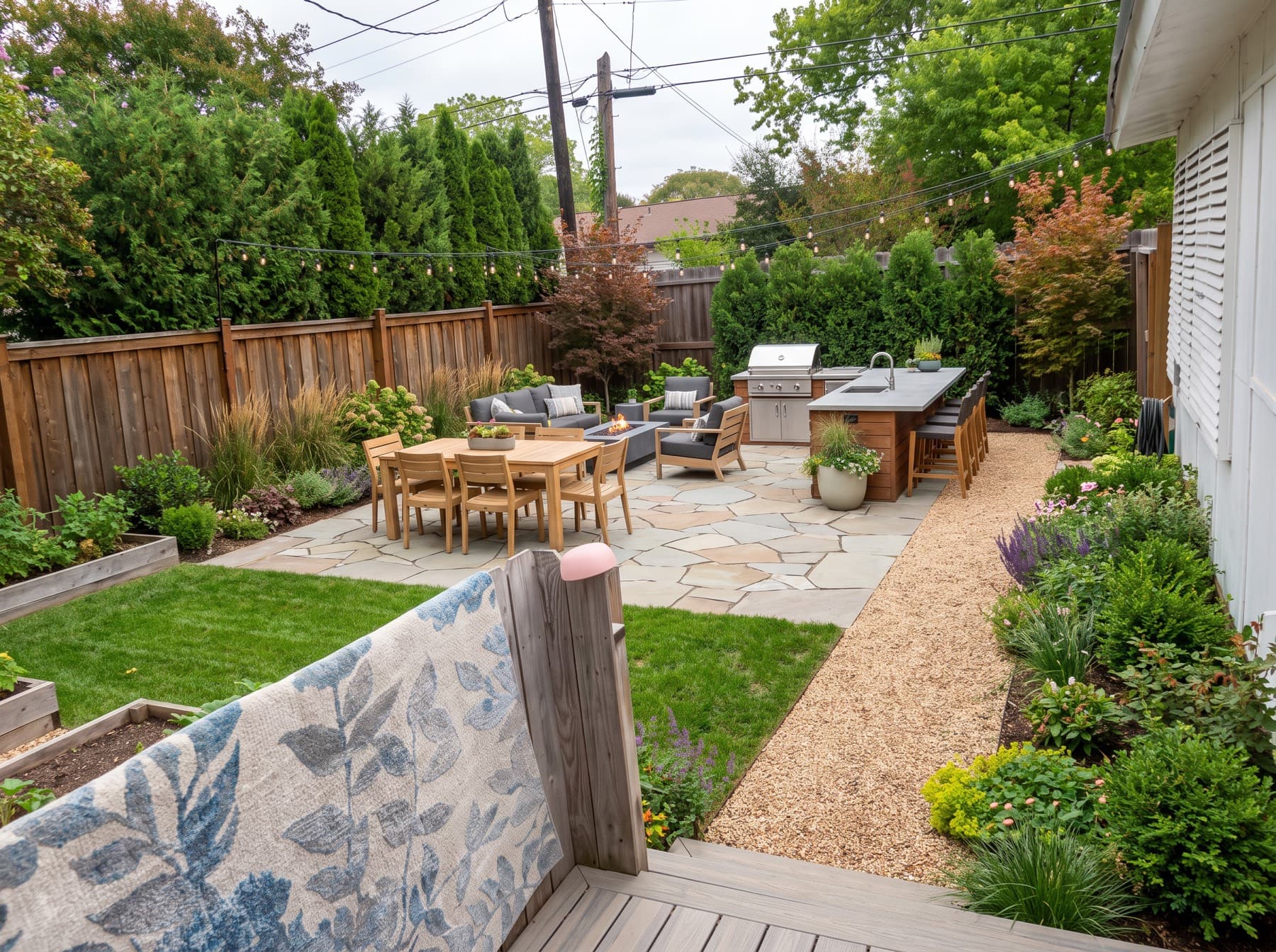 A narrow backyard set up for hosting: a flagstone terrace with a dining table, an outdoor kitchen and lounge, gravel paths, a small lawn and evergreen screening along the fence.