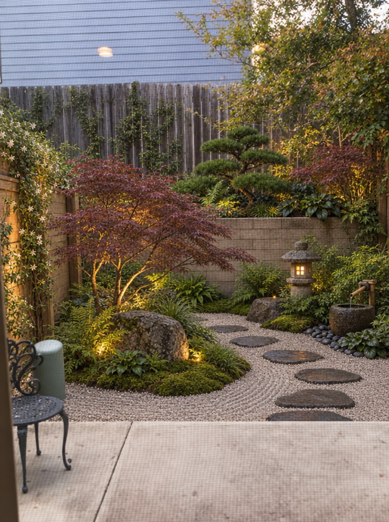 A small walled courtyard with raked gravel, stepping stones, a cloud-pruned pine, red Japanese maples, moss, a stone lantern and a bamboo water spout.