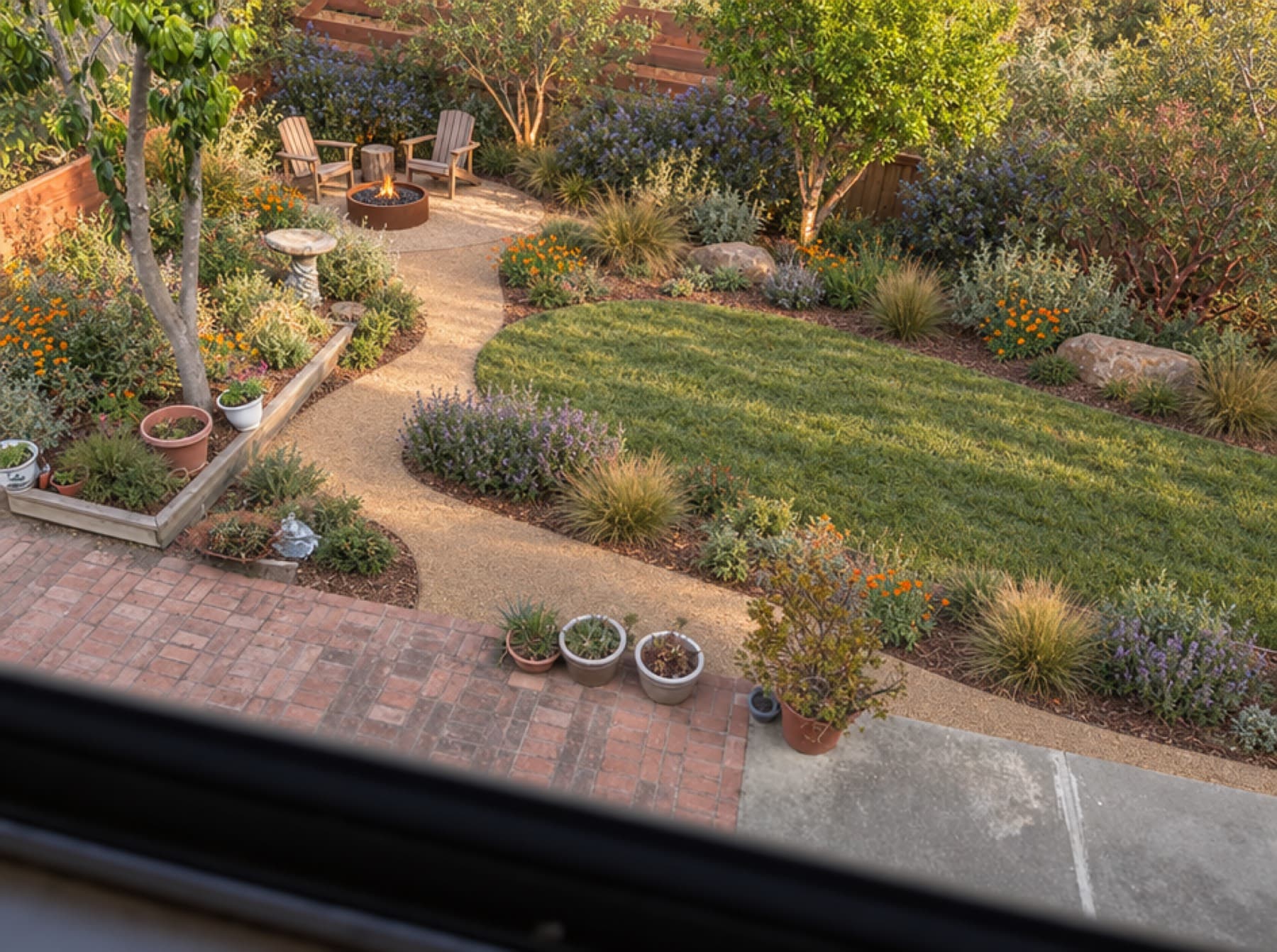 Seen from an upstairs window: a no-mow meadow lawn ringed by sages, lavender and orange California poppies, a gravel path to a fire pit, and terracotta pots on a brick terrace.