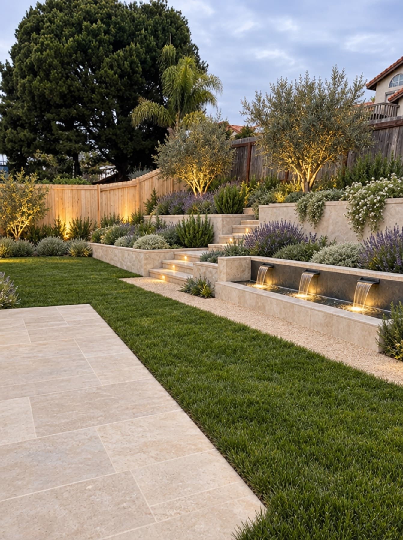 A sloping yard terraced with smooth rendered walls and stone steps, olive trees and lavender lit at dusk, and a run of water spouts into a long pool.