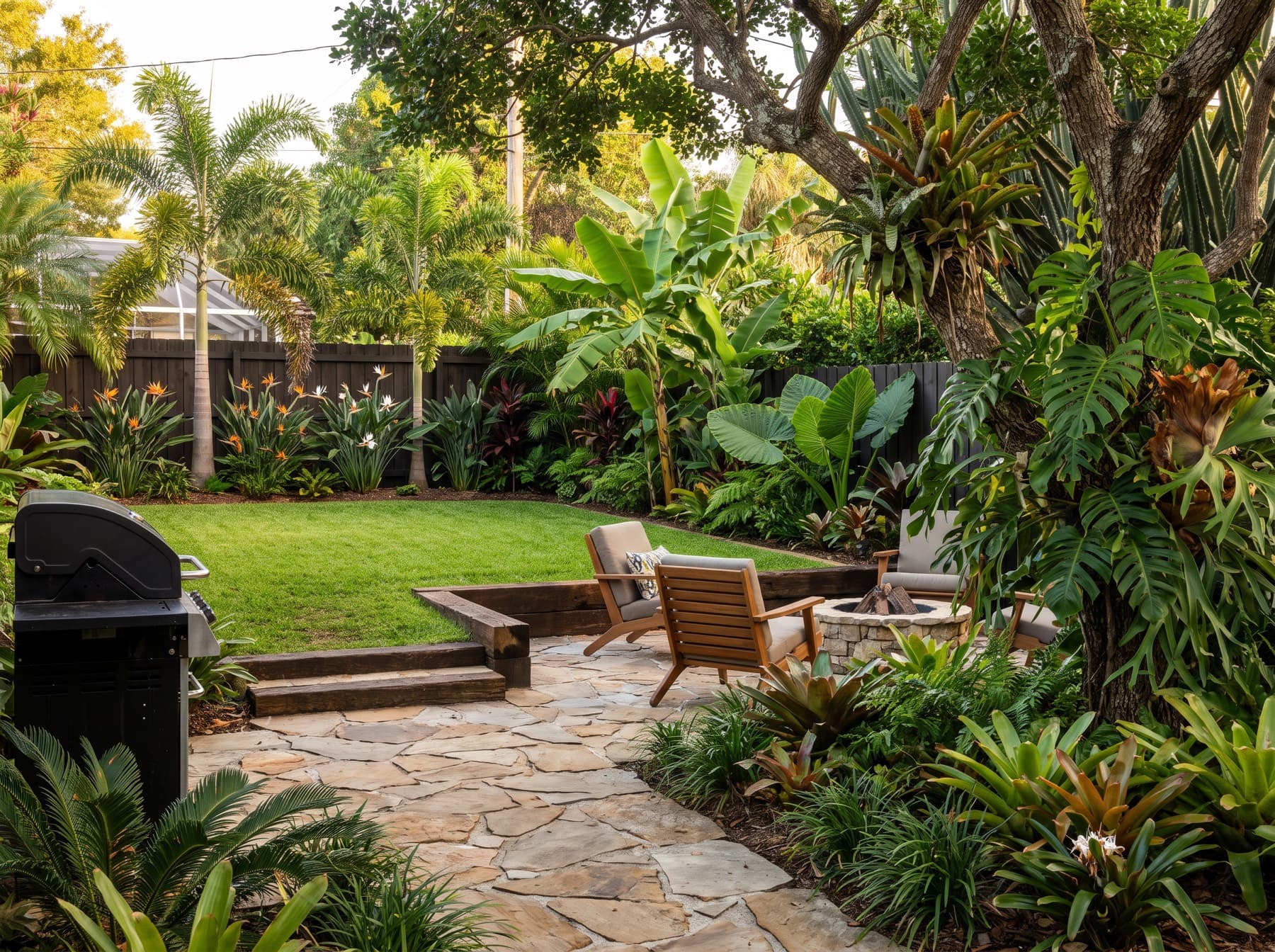 A lush tropical backyard with a flagstone terrace, a stone fire pit with lounge chairs, palms, bird of paradise, bromeliads and monstera around a small lawn.