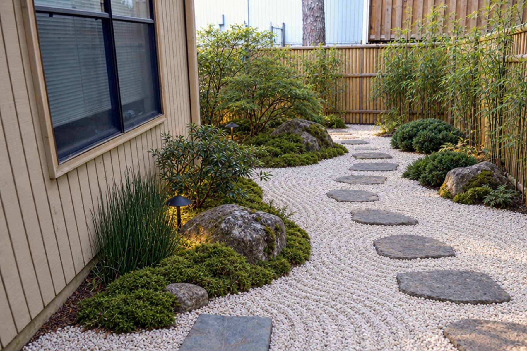 A narrow side yard turned into a dry garden: raked white gravel, stepping stones, mossy boulders, clipped evergreen mounds and bamboo along the fence.