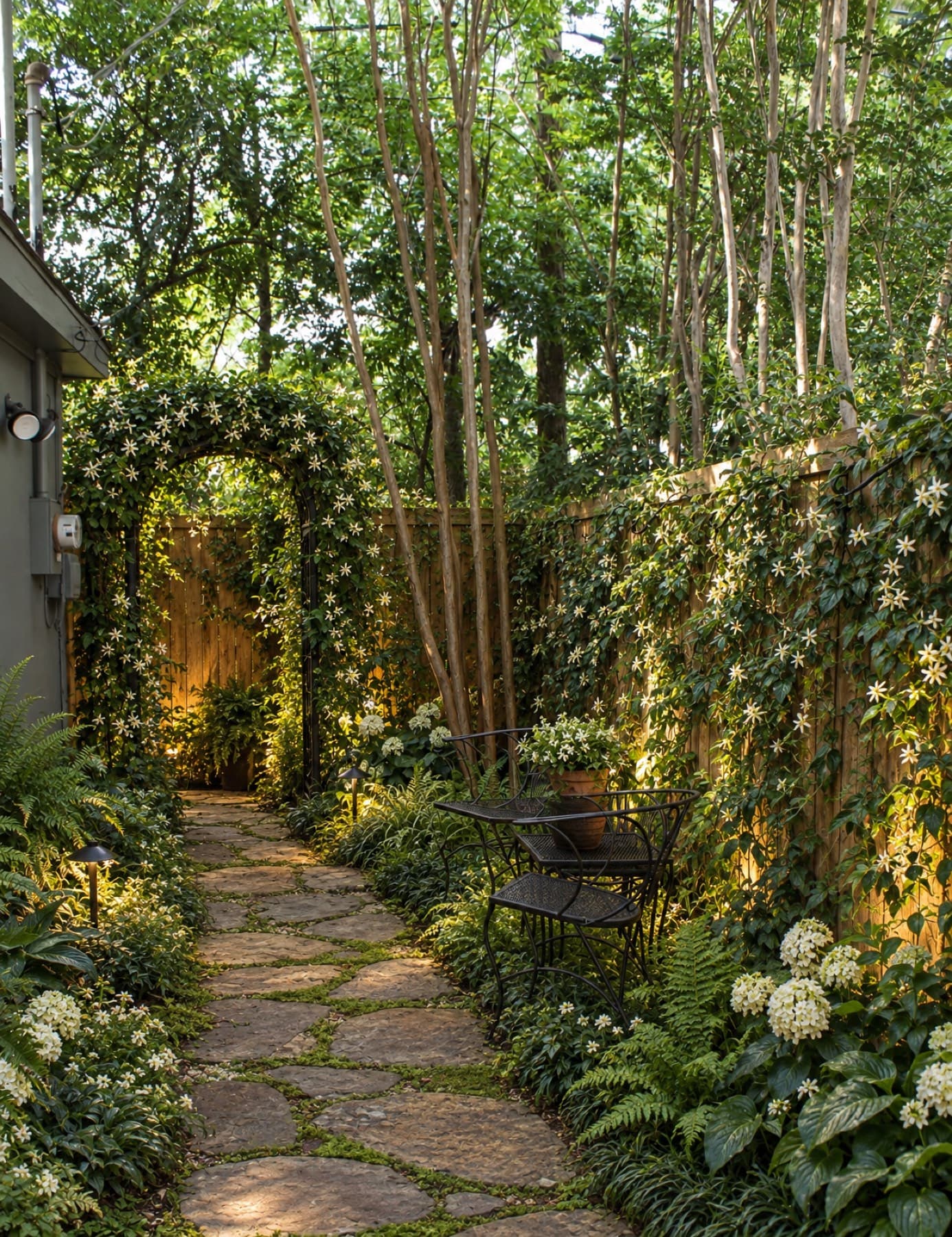 A shaded side passage with a flagstone path under a vine-covered arch, white climbers along the fence, ferns and hydrangeas, and a small bistro table.