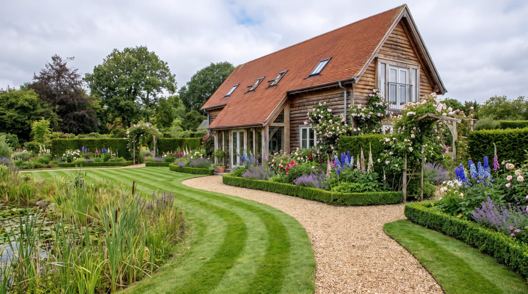 An oak-framed cottage with a striped lawn, a gravel path, clipped hedging and deep borders of delphiniums, roses and catmint beside a reed-edged pond.