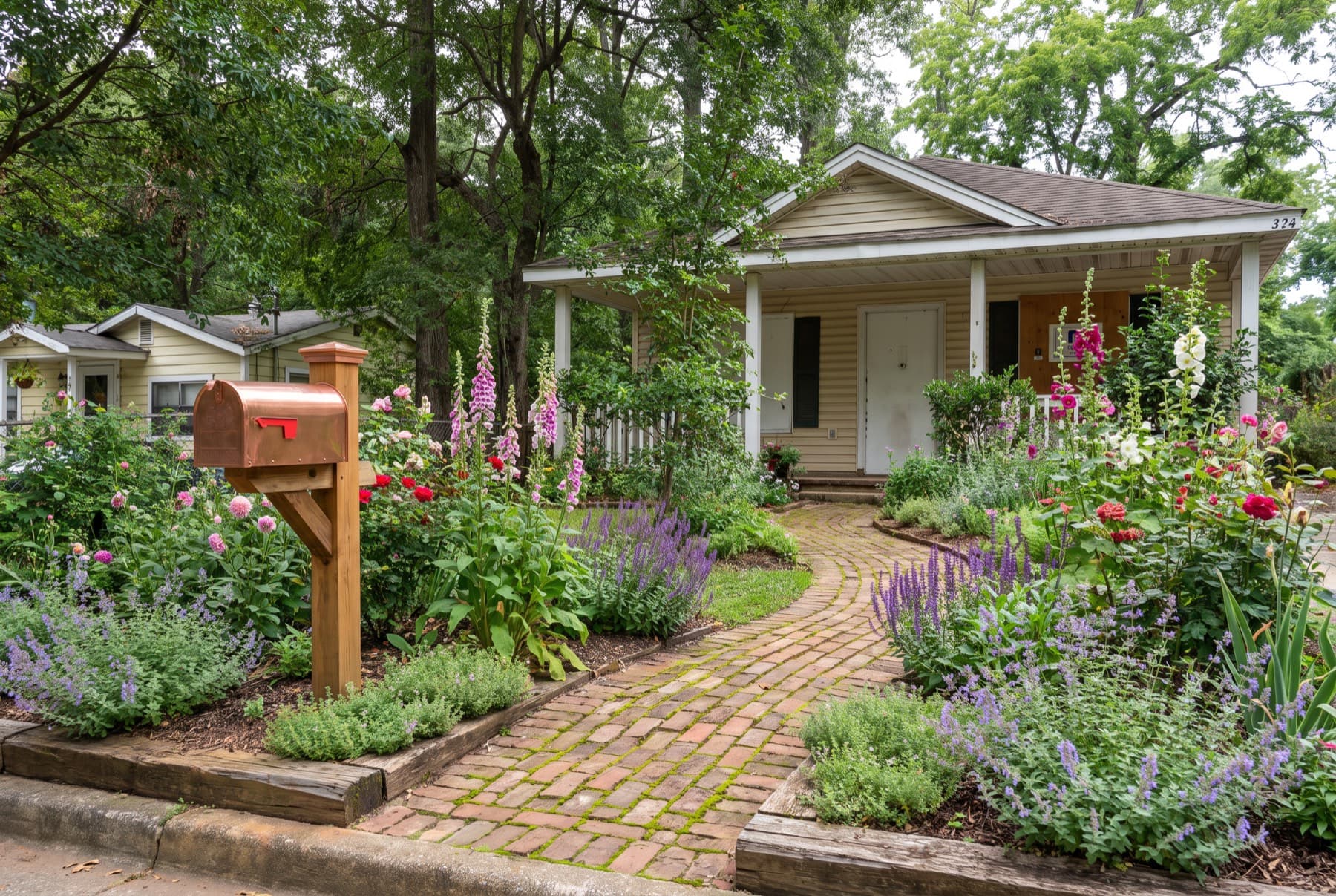 A small porch house with a brick path through foxgloves, roses, lavender and catmint, and a new cedar mailbox in a raised timber bed.