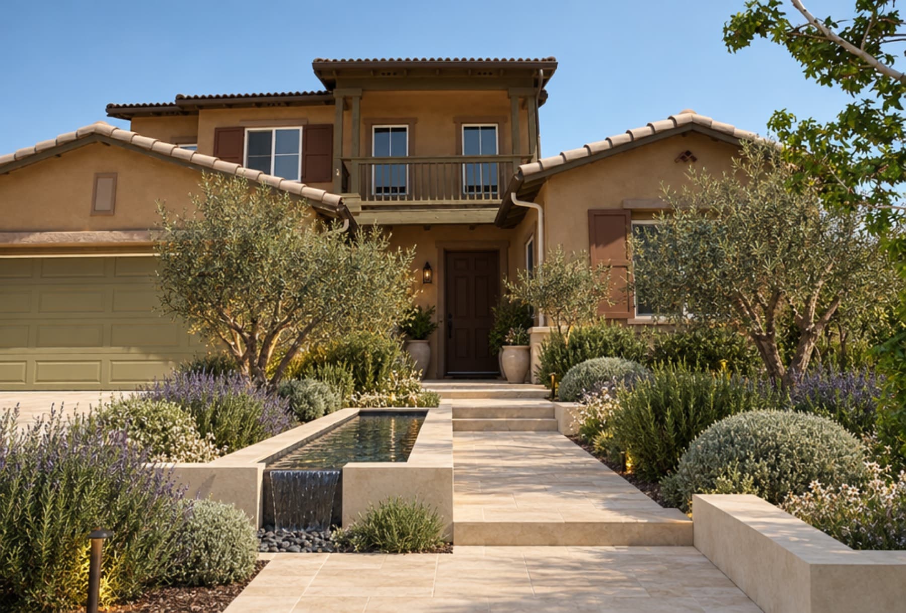 A stucco house with a front garden of olive trees, lavender and silver mounds, limestone steps and a long rectangular water feature in rendered planters.