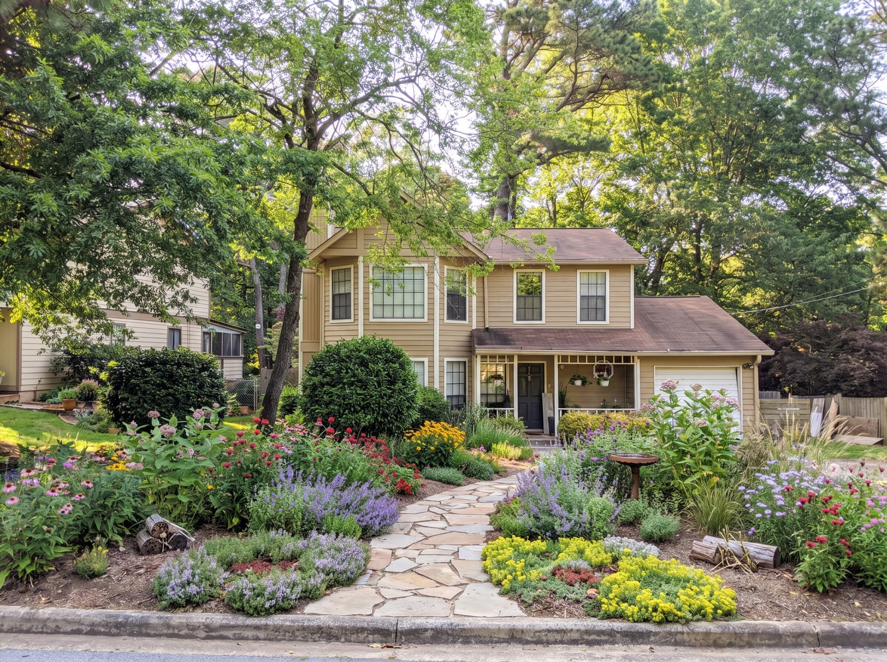 A two-storey house behind a flagstone path flanked by drifts of coneflowers, lavender, salvia, bee balm and yellow yarrow in place of the lawn.