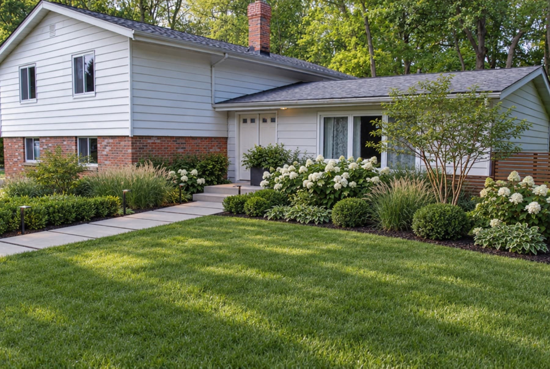A split-level house with a broad green lawn, clipped boxwood hedging, white hydrangeas, ornamental grasses and a concrete path to the door.