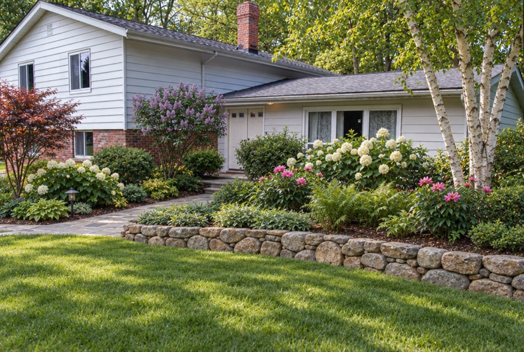 A split-level house with a dry-stone wall, white birches, a lilac, hydrangeas and peonies in deep beds above a level lawn.
