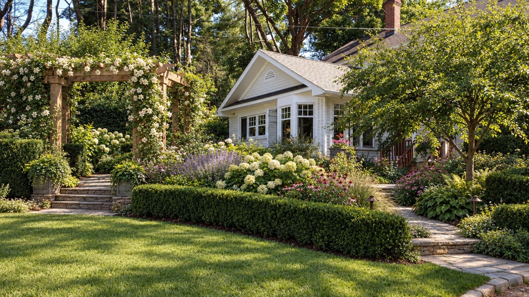 A white cottage with a rose-covered timber pergola over stone steps, a clipped boxwood hedge, hydrangeas and a mown lawn.