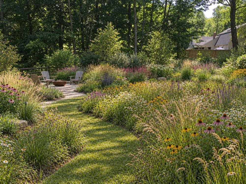 The same design with the lawn turned into a meadow with a mown path